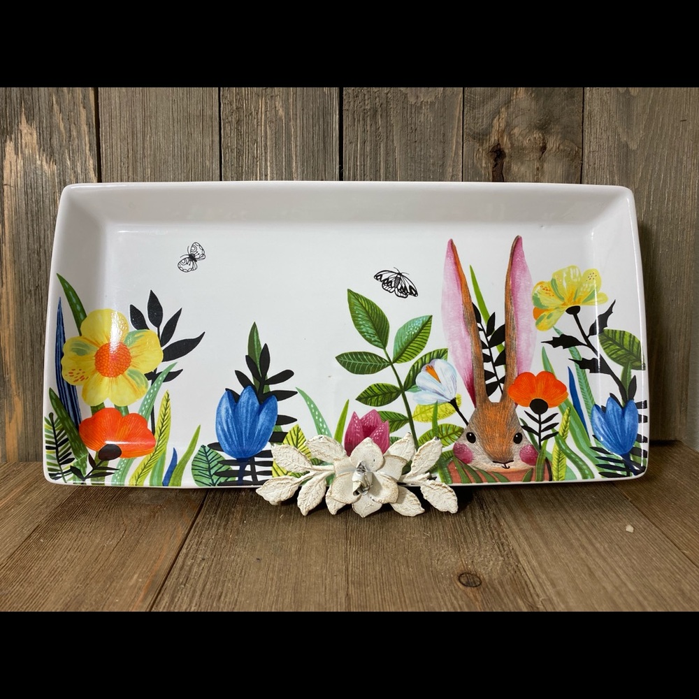 Pier 1 Imports Colorful Bunny Platter Flowers